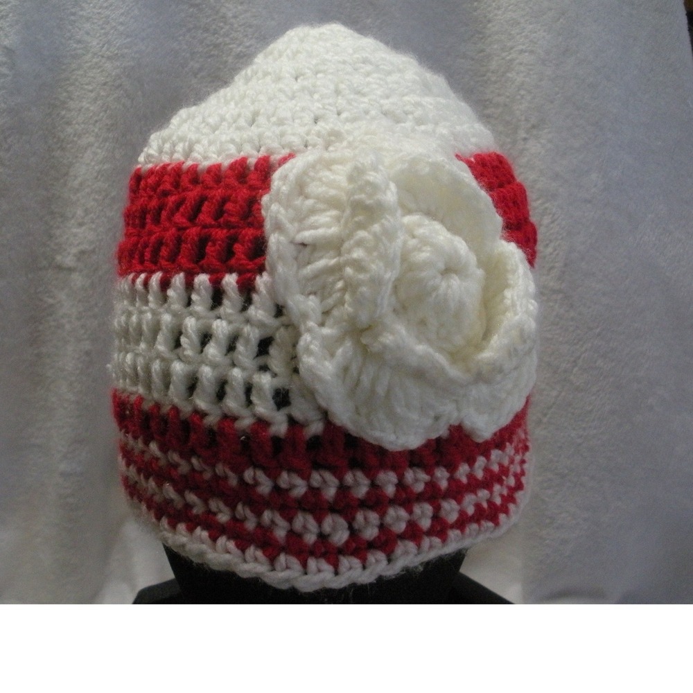 Handmade Crochet Beanie Red White Striped Flower Accent Winter Hat